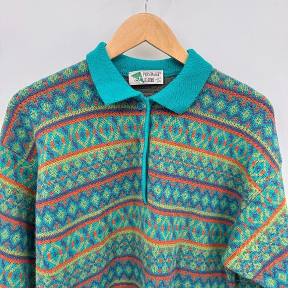 Vintage‎ Personaggi Celebri Sweater Mens Medium Blue Wool Blend Collar - Picture 2 of 7